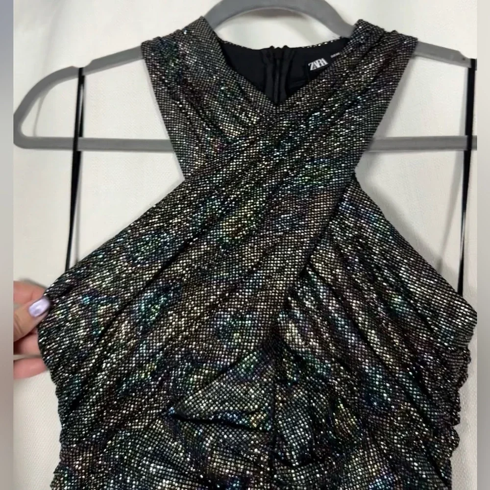 Zara Black Rainbow Metallic Cross Neck Halter Ruched Mini Dress XS